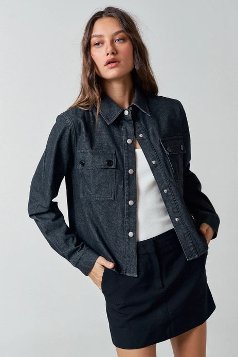 Lalavon Denim Collared Button Up Shirt Jacket