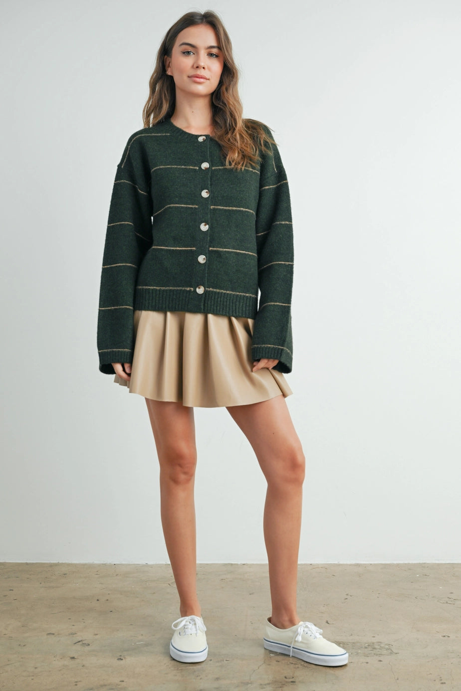 Butermelon Olive Button Front Striped Cardigan