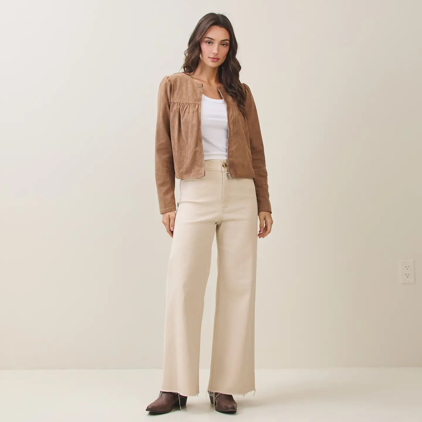 Able Shirred Vegan Suede Zip-Up Jacket