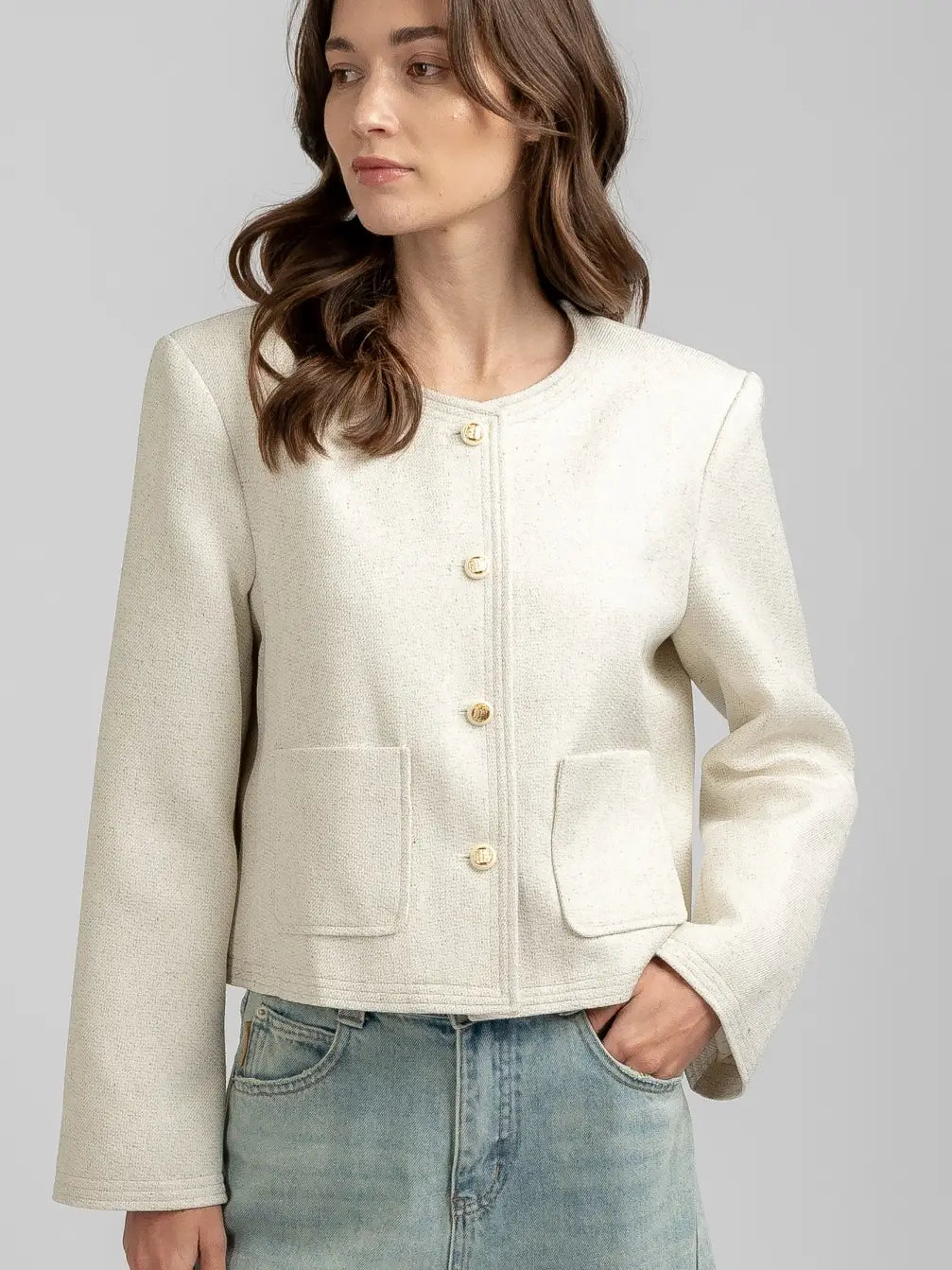 Elle Grey Crew-Neck Tweed Jacket