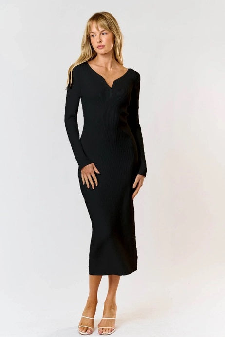 Lalavon Henley Ribbed Sweater Midi Dress