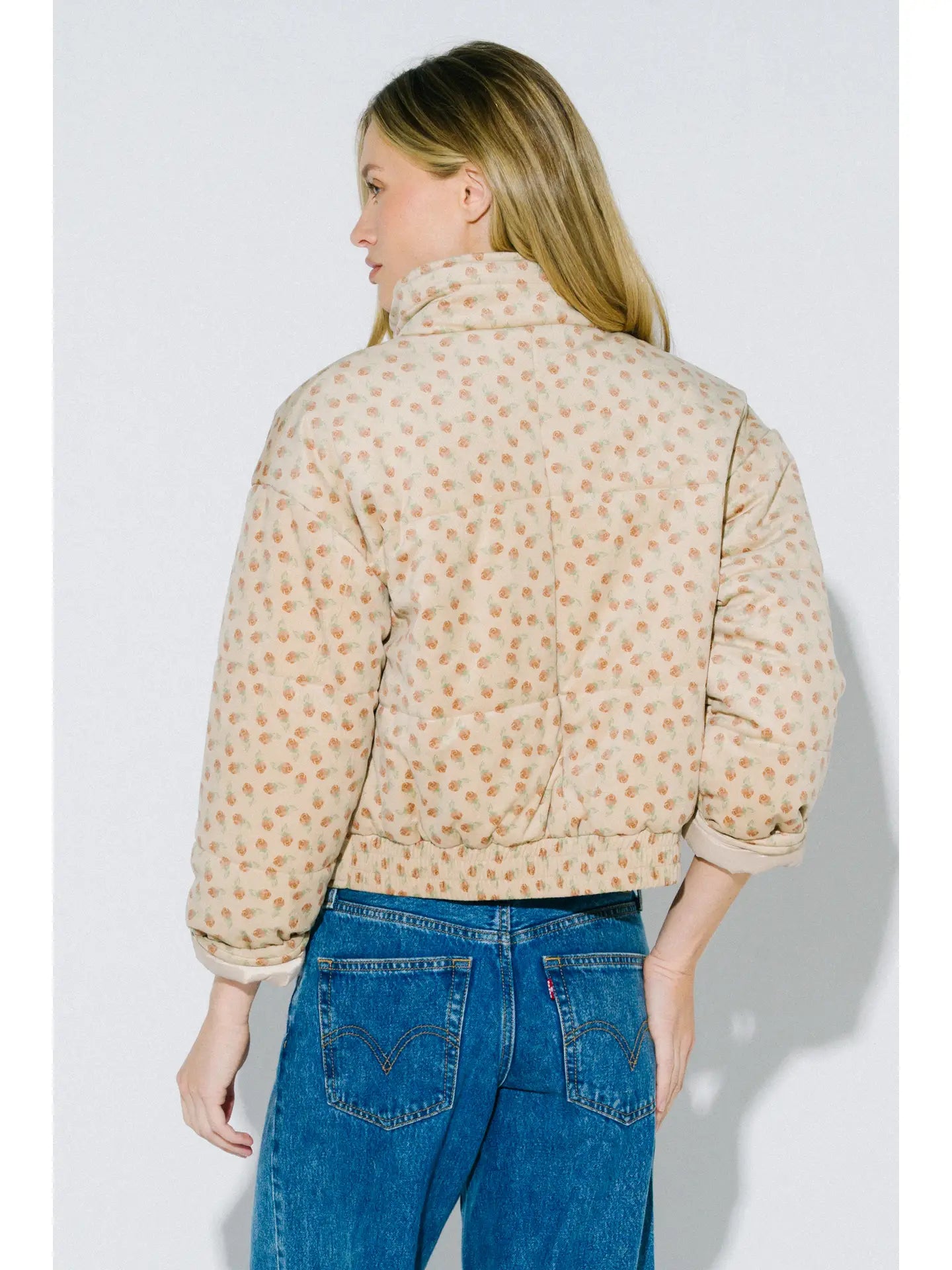 Blue Blush Dainty Floral Print Zip Up Puffer Jacket