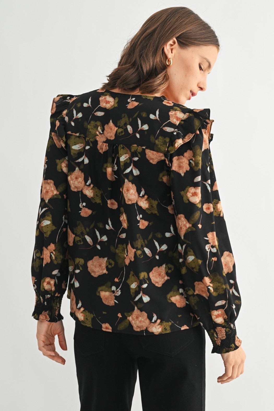 Fun2Fun Flower Print Satin Smocking Detail Blouse