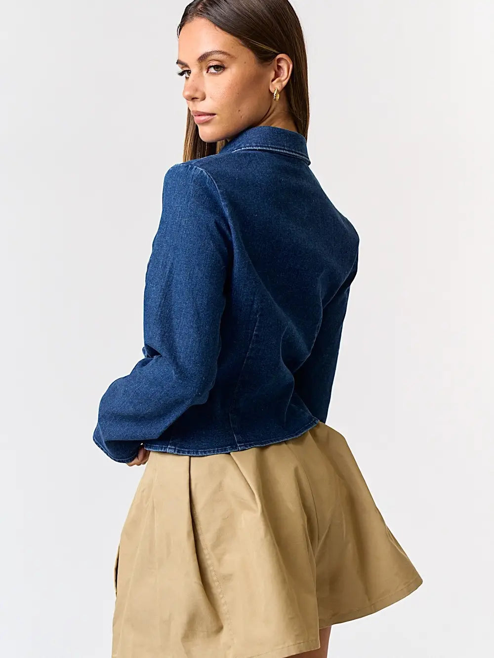 Blue Blush Stretch Denim Front Tie Collared Top