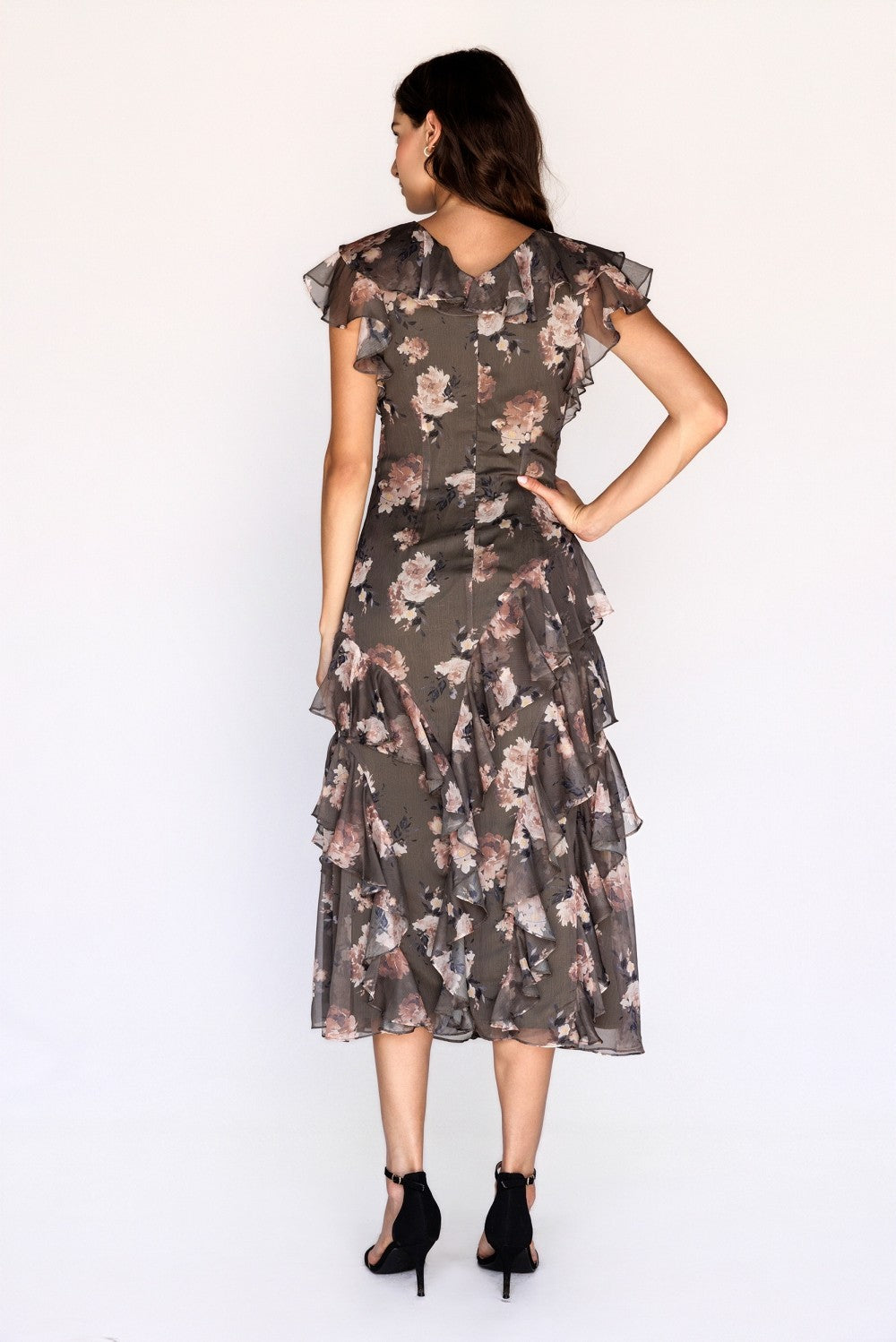 Storia Floral Ruffle Tiered Midi Dress