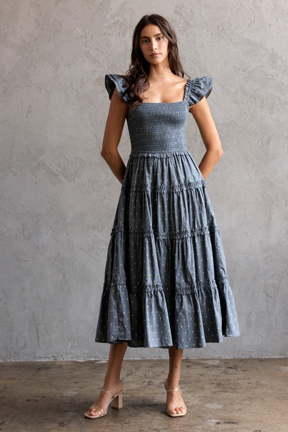 Storia Floral Smocked Bodice Tiered Midi Dress