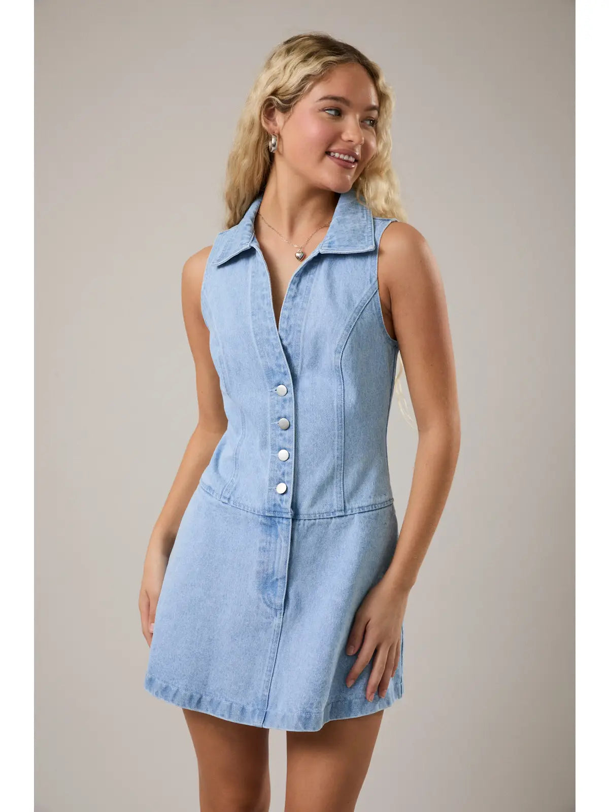 Le Lis Low Waist Collared Sleeveless Denim Dress