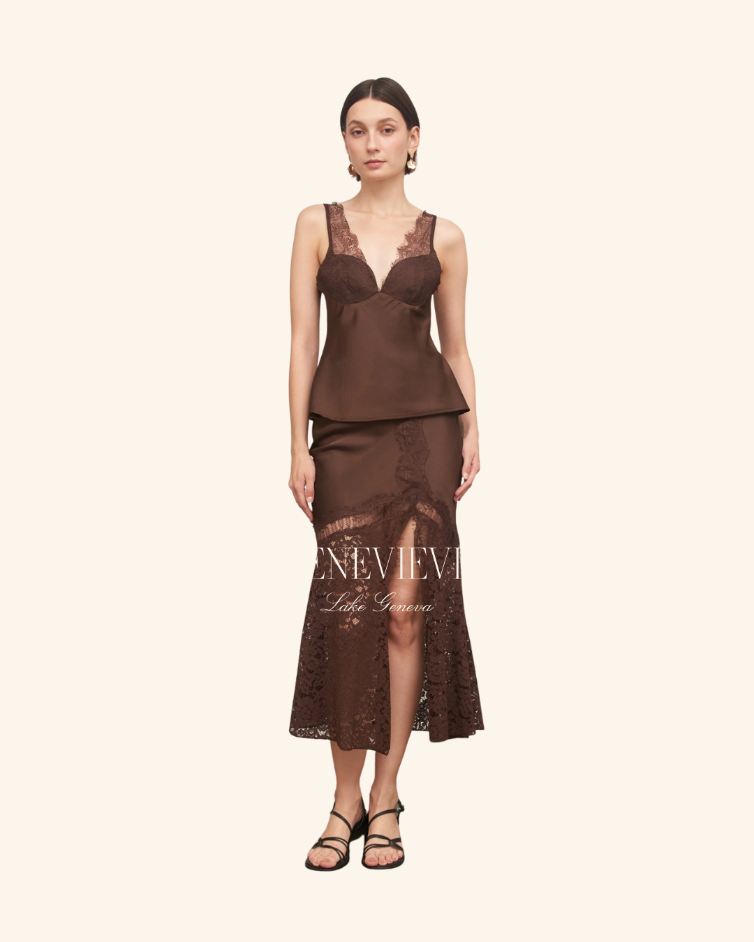 En Creme Brown Lace Top