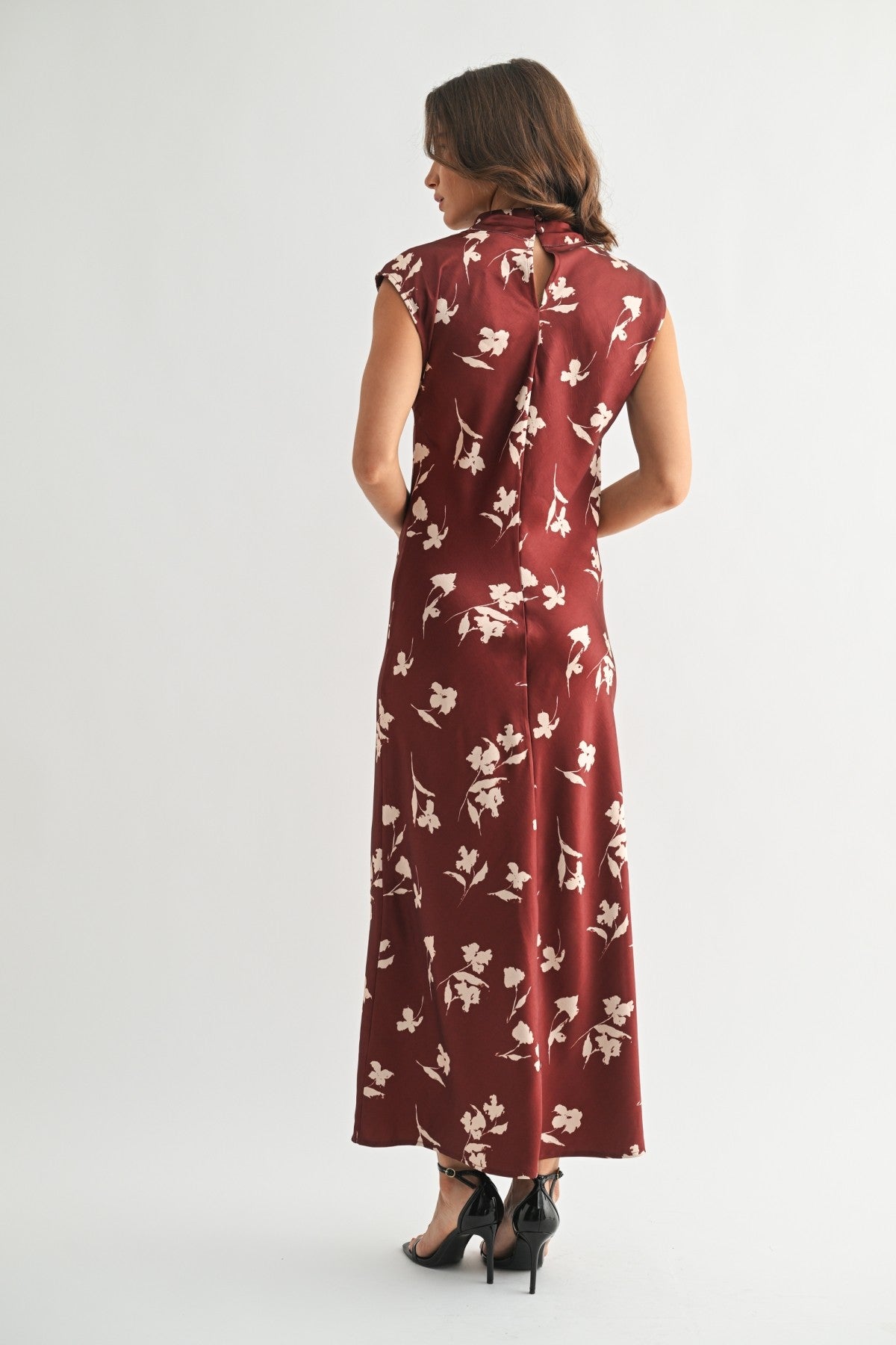 Fun2Fun Flower Print Satin Mock-Neck Maxi Dress