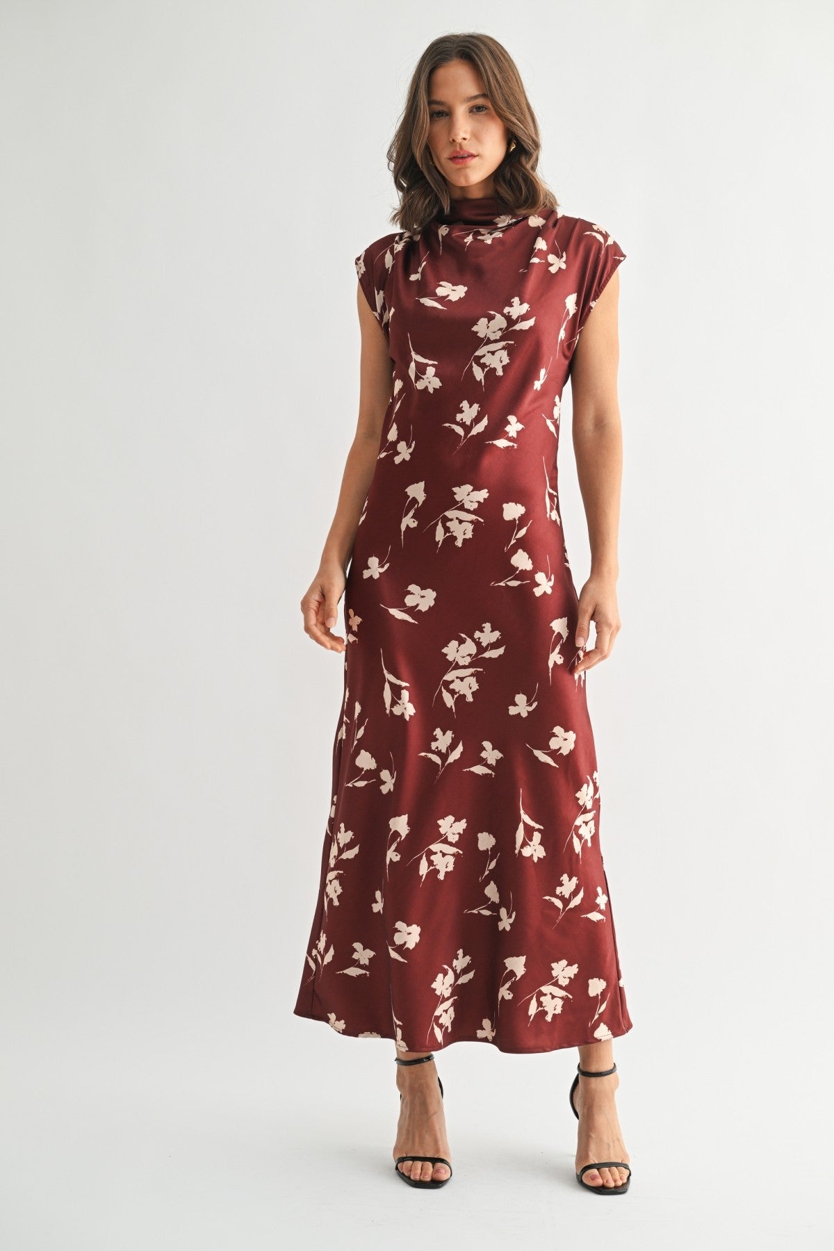 Fun2Fun Flower Print Satin Mock-Neck Maxi Dress