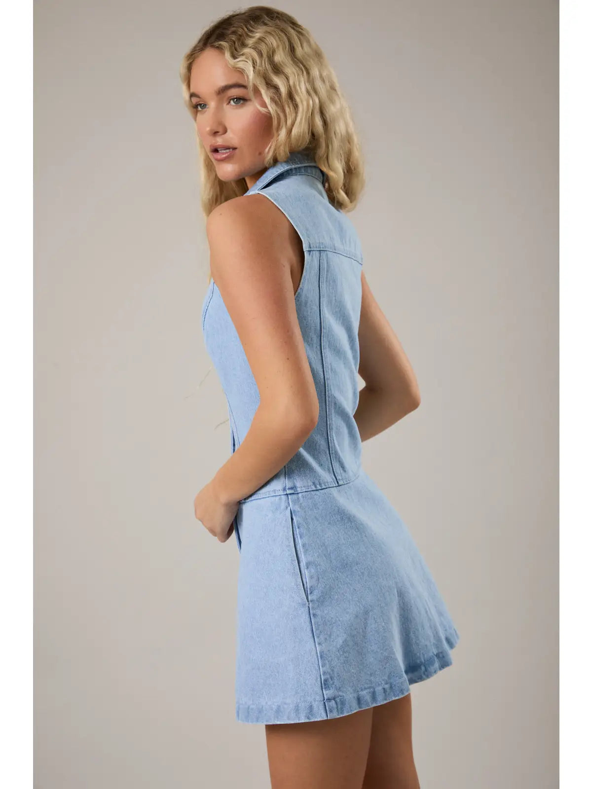 Le Lis Low Waist Collared Sleeveless Denim Dress