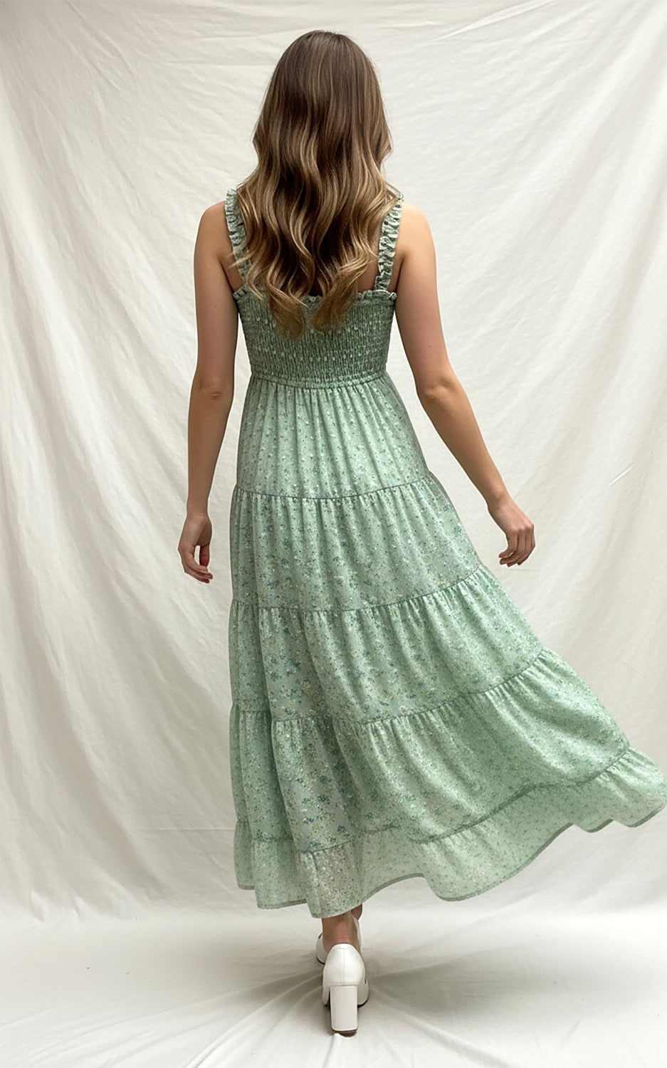 Storia Smocked Ruffle Strap Tiered Maxi Dress