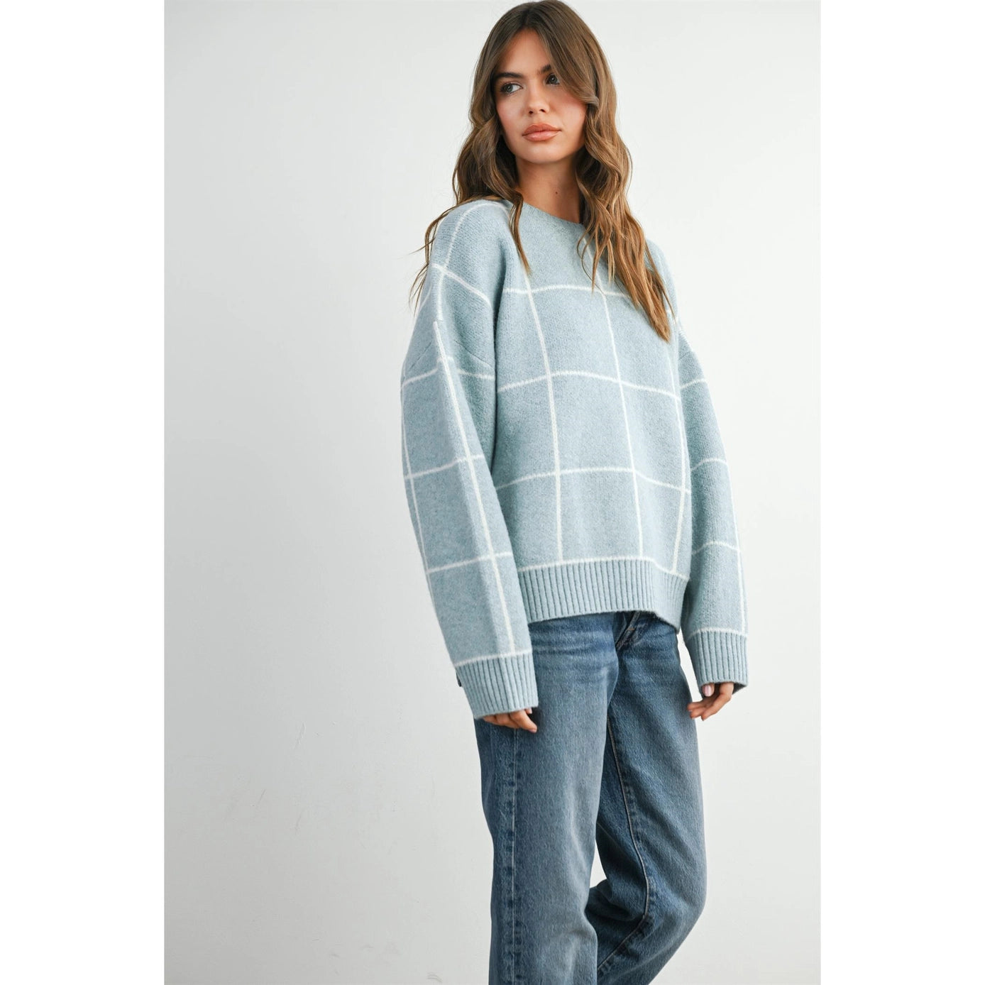 Buttermelon Checkered Crew Neck Knit Sweater