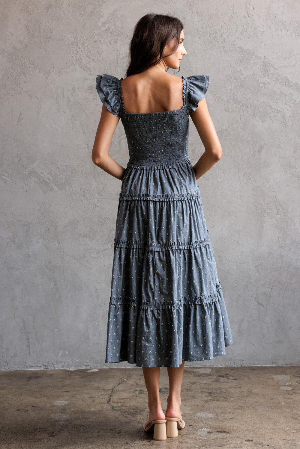 Storia Floral Smocked Bodice Tiered Midi Dress