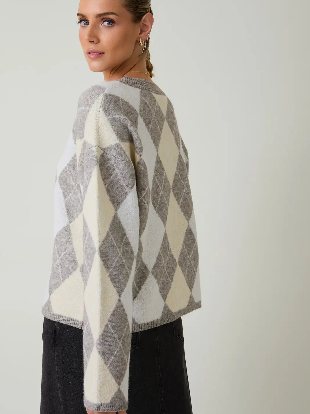 Sunday Edition Round Neck Argyle Pattern Sweater