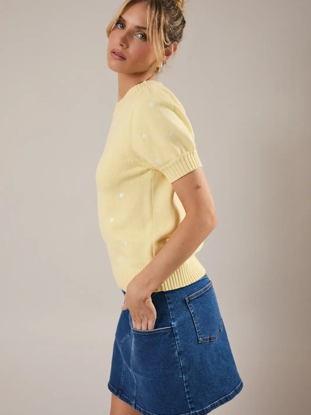 Sunday Edition Puff Short Sleeve Embroidered Sweater (Various Colors)