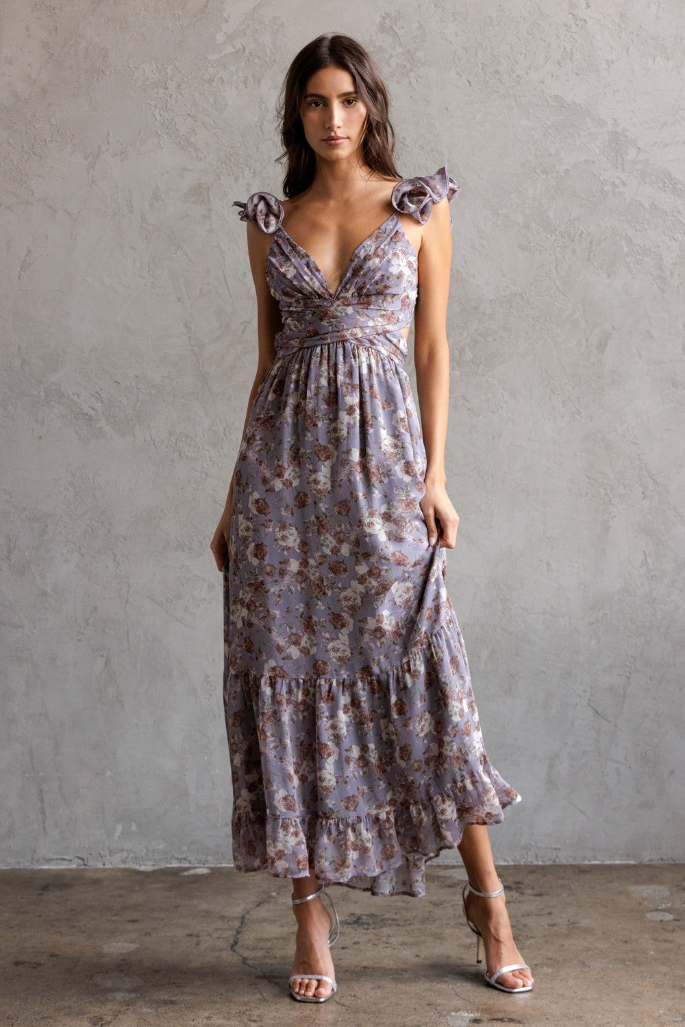 Storia Floral Ruffle Strap Lace-up Midi Dress