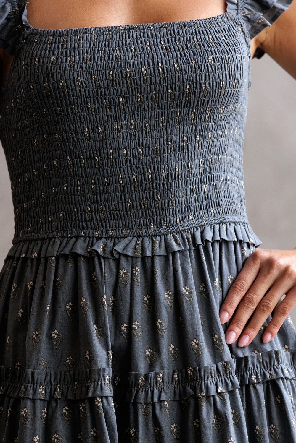Storia Floral Smocked Bodice Tiered Midi Dress