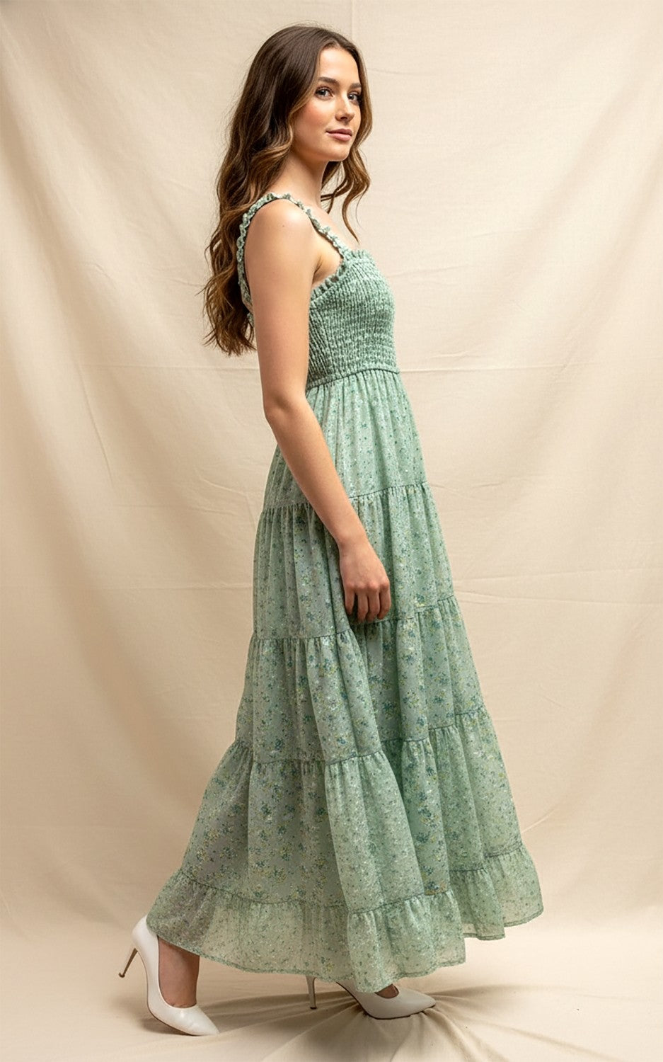 Storia Smocked Ruffle Strap Tiered Maxi Dress