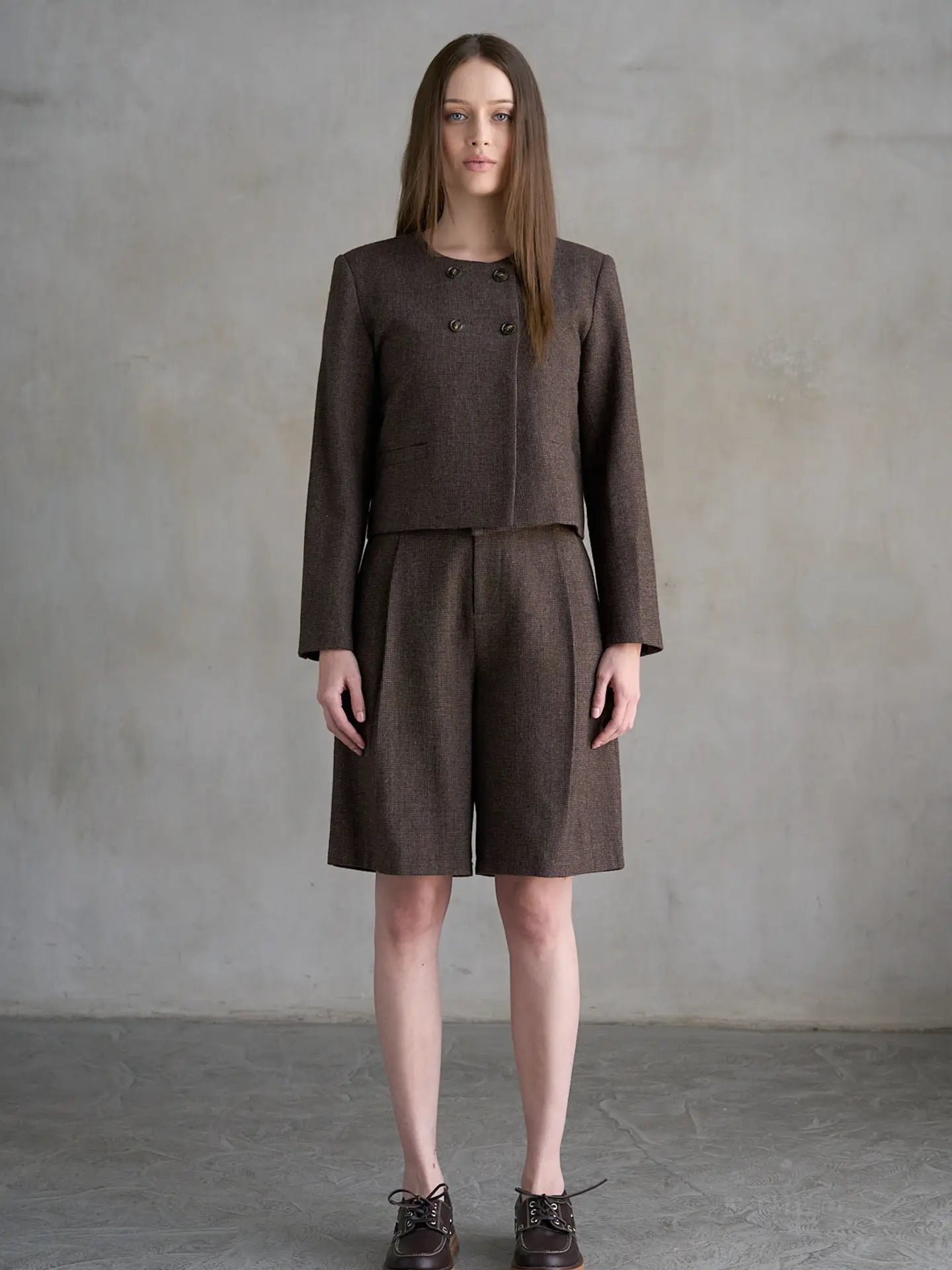 Elle Grey Double Button Collarless Coat