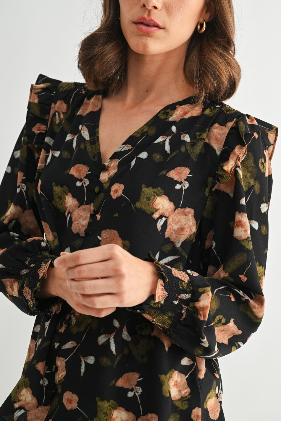 Fun2Fun Flower Print Satin Smocking Detail Blouse