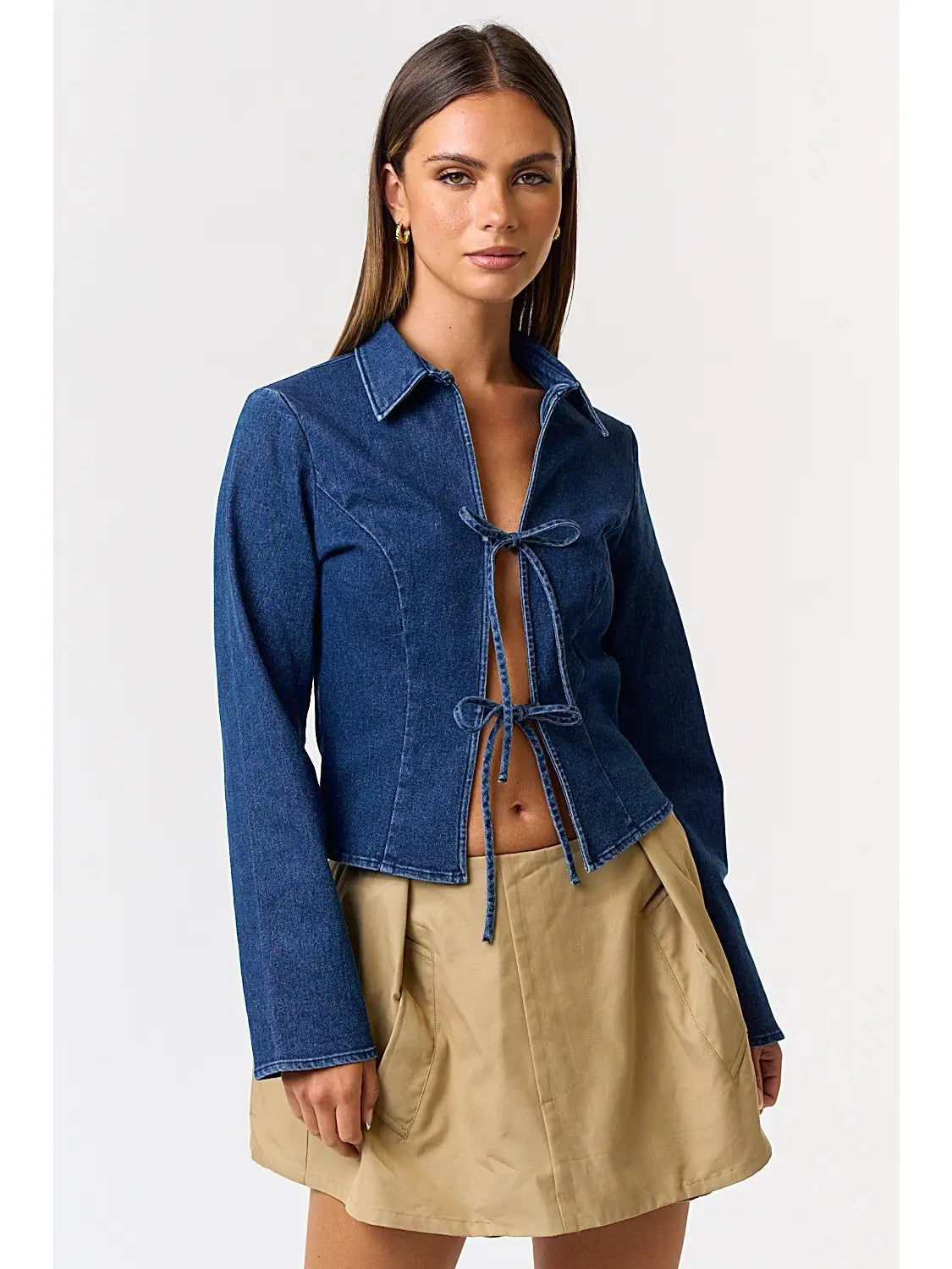 Blue Blush Stretch Denim Front Tie Collared Top