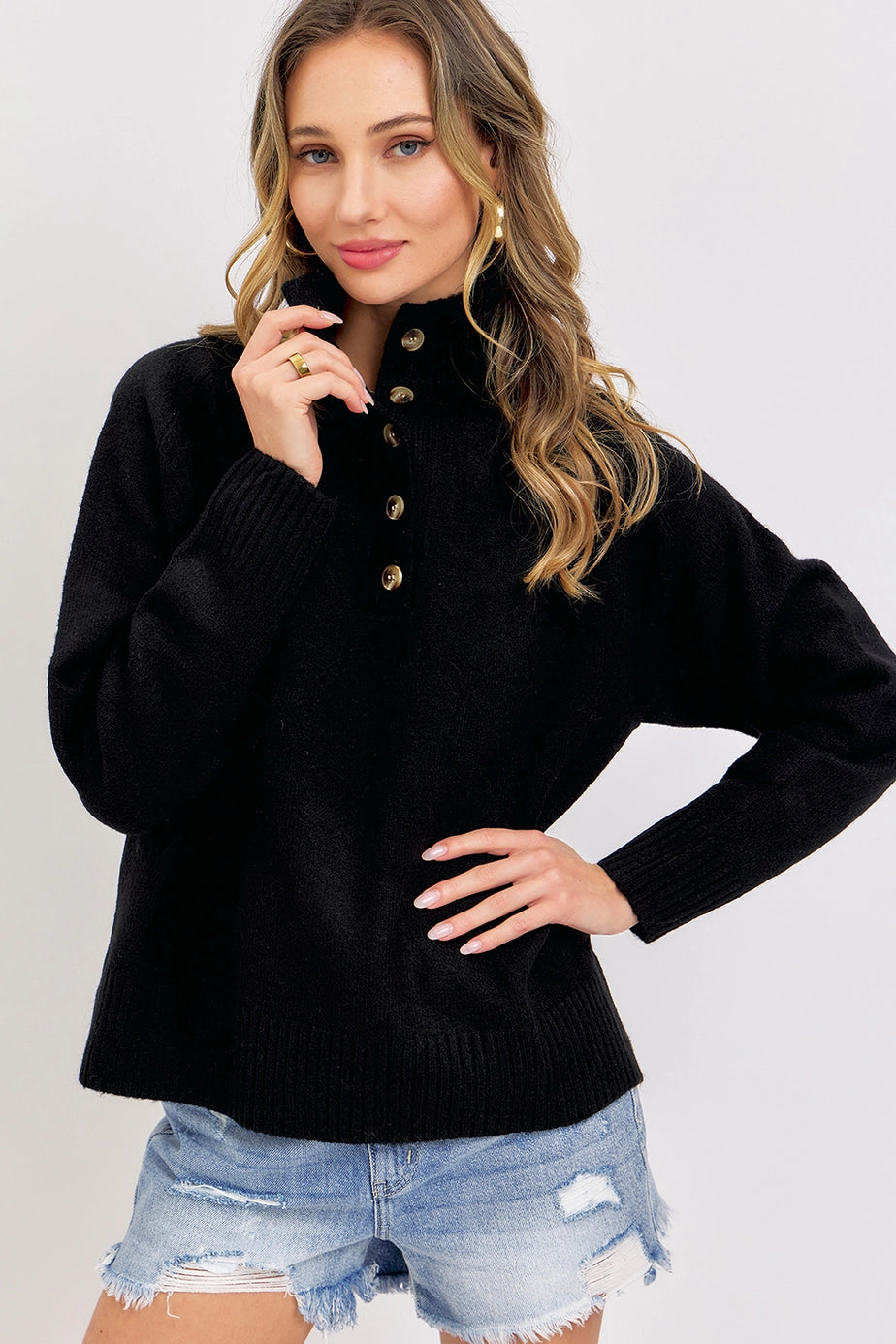 Sweet Lovley Buttoned High Collar Sweater