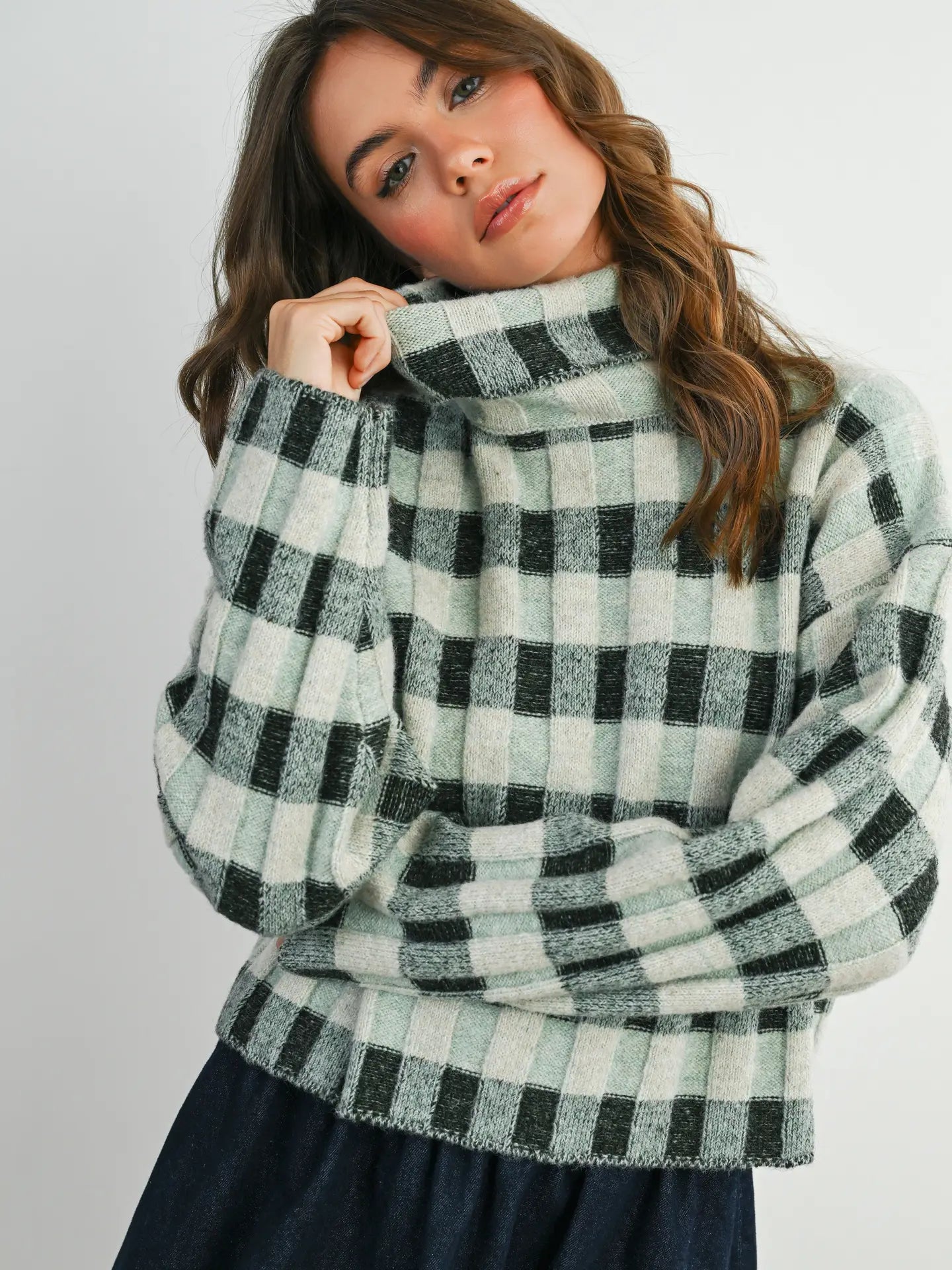 Buttermelon Fall Check Turtleneck Sweater