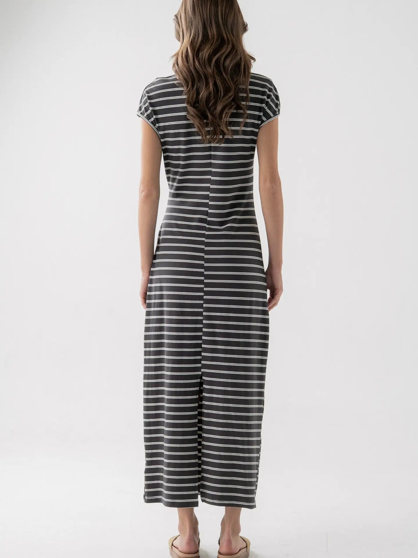 Elle Grey Striped Short Sleeve Wrap Midi Dress