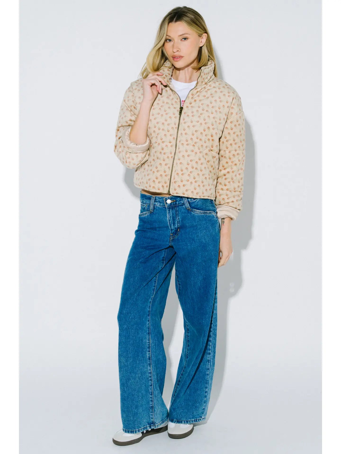 Blue Blush Dainty Floral Print Zip Up Puffer Jacket