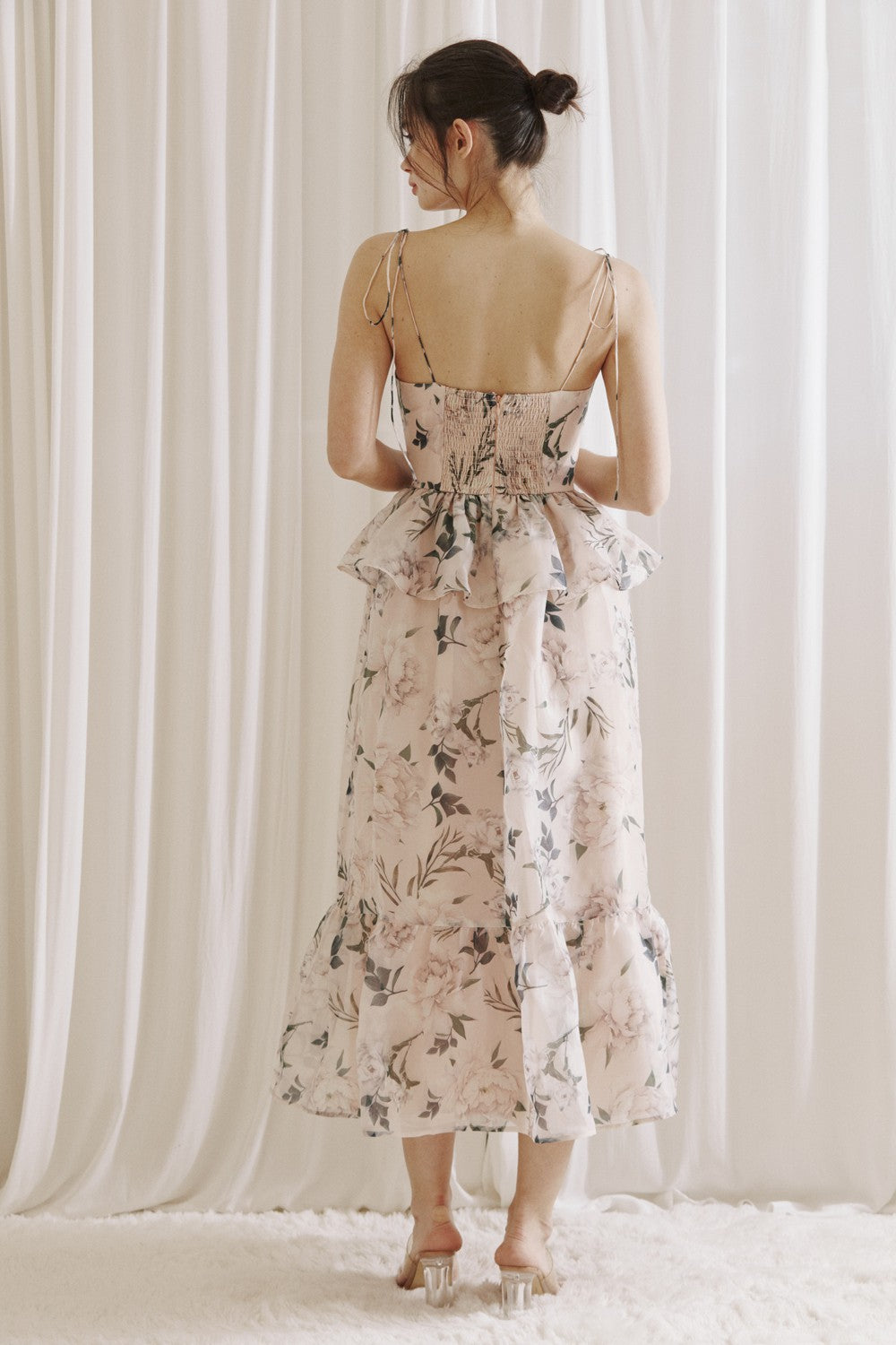 Storia Floral Ruffled Peplum Midi Dress