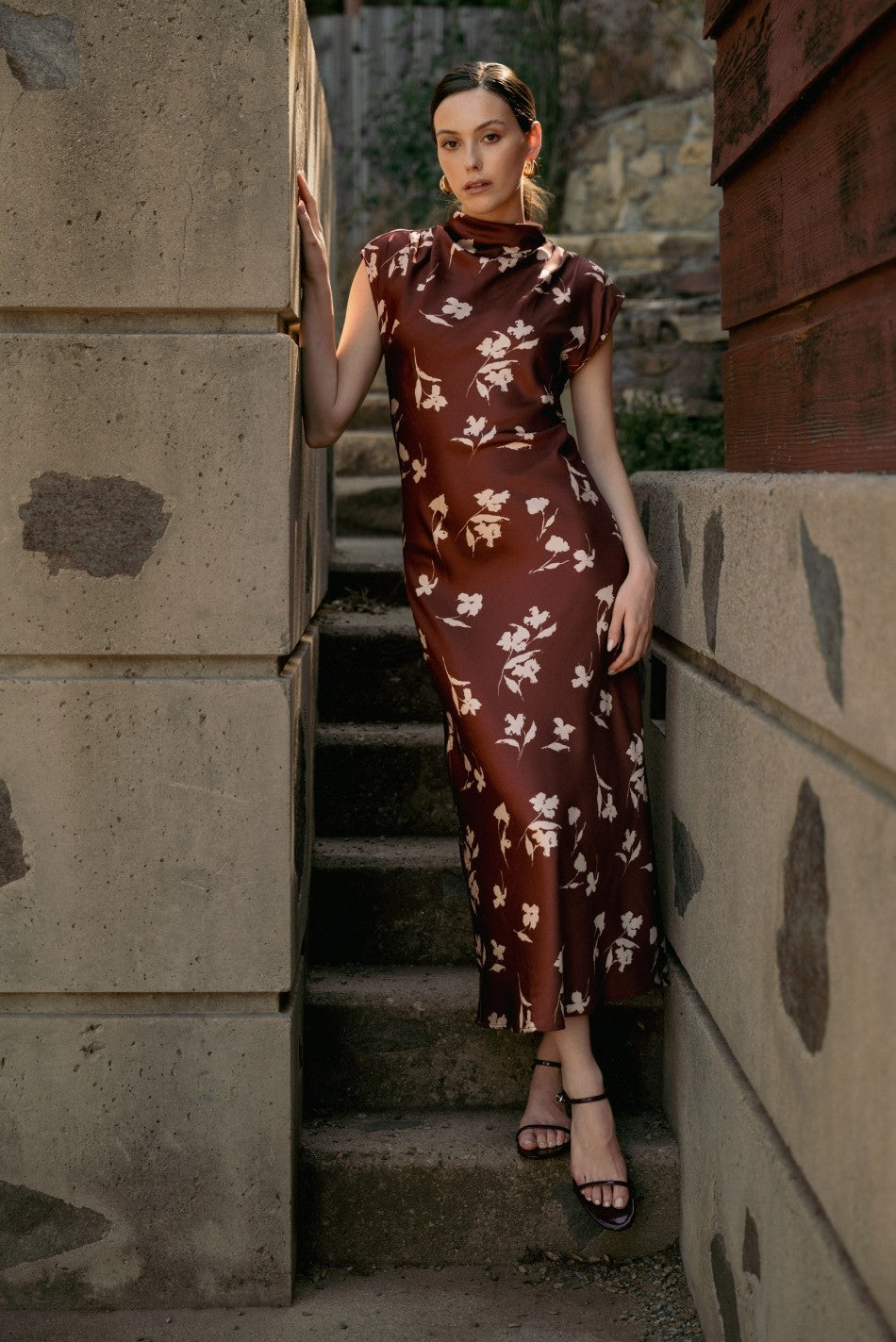 Fun2Fun Flower Print Satin Mock-Neck Maxi Dress