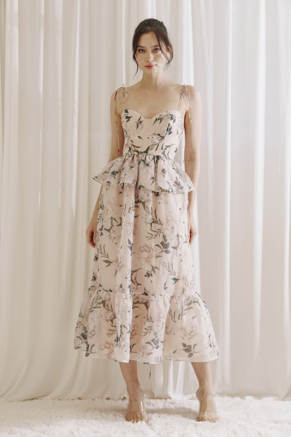 Storia Large Floral Ruffled Peplum Midi Dress