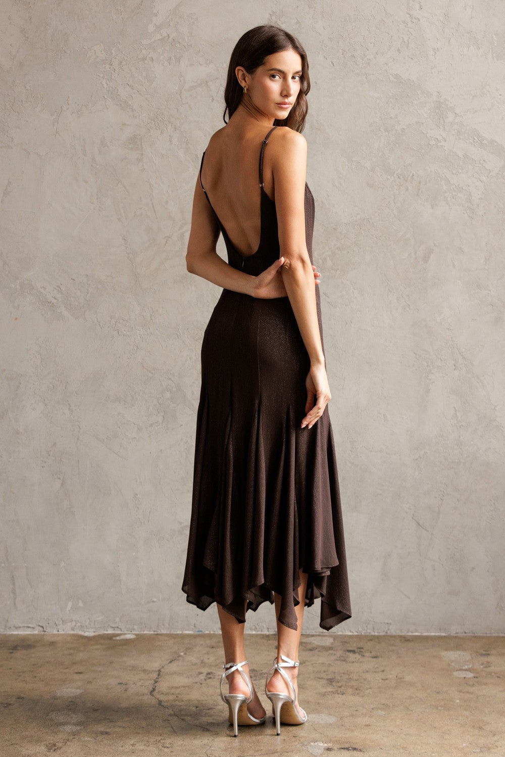 Storia Shimmering Asymmetric Hem Midi Dress