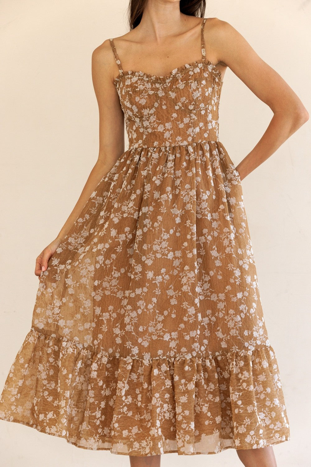 Storia Floral Print Ruffled Hem Midi Dress