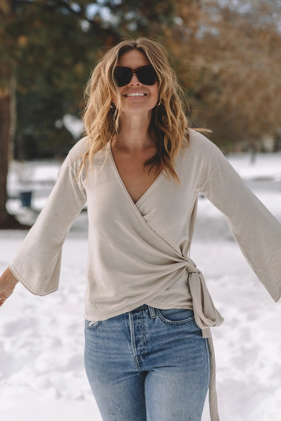 Lovestitch Dressy Wrap Bell Sleeve Pullover Sweater