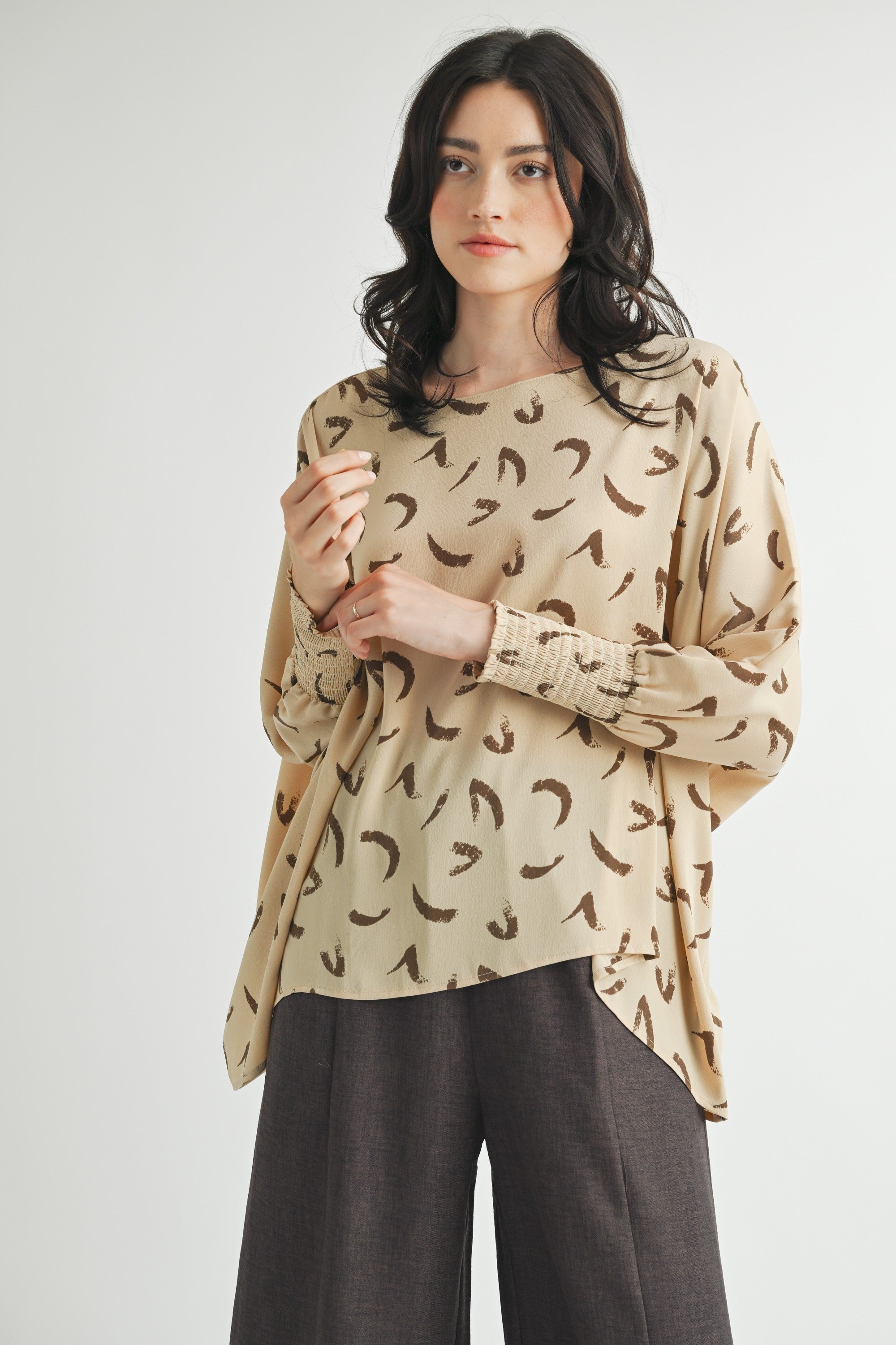 Fun2Fun Oversized Top with Smocked Cuff Sleeve