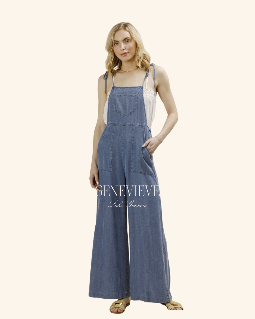 EN CRÈME Tie Shoulder Soft Denim Jumpsuit