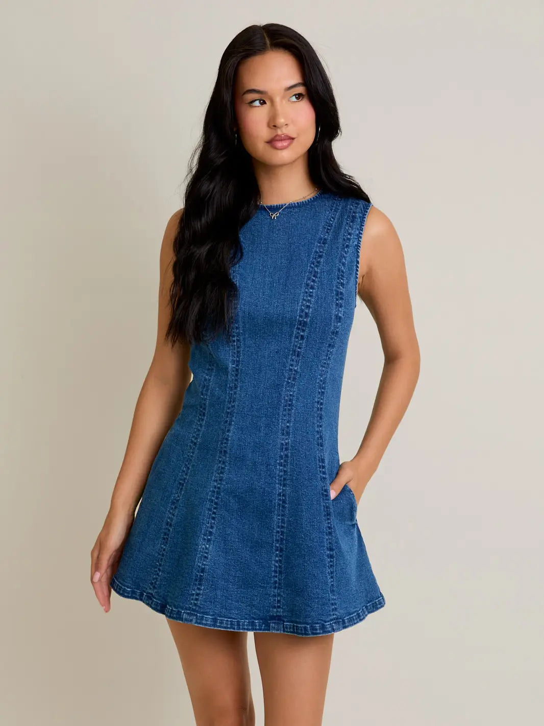 Le Lis Round Neck Sleeveless Denim Dress