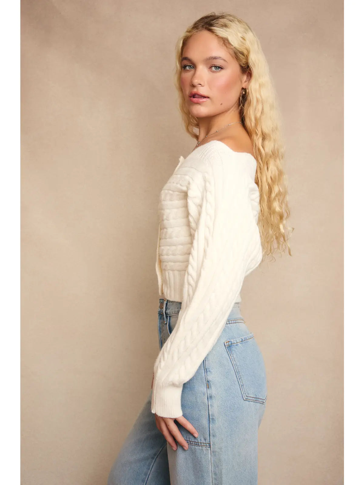 Le Lis Off-Shoulder Button Down Sweater Top