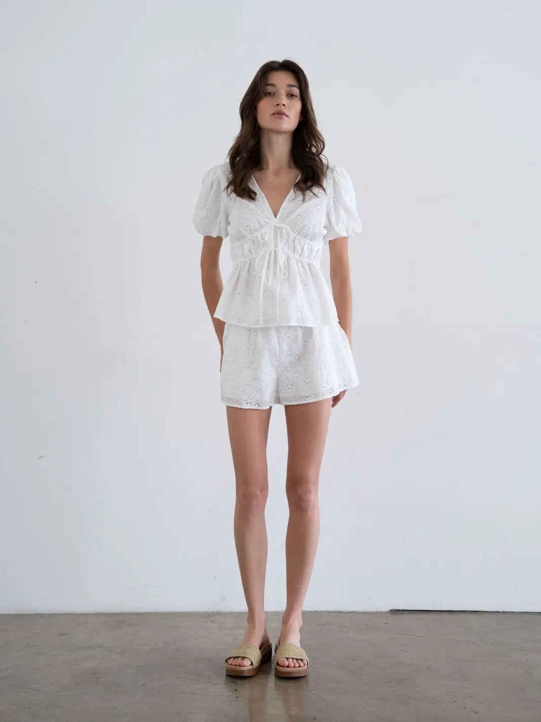 Elle Grey Eyelet Tie Front Empire Blouse