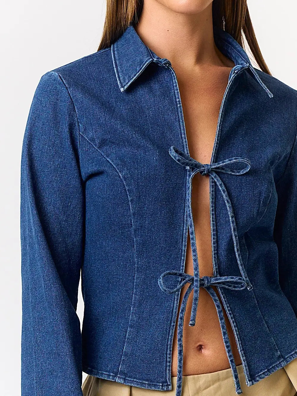 Blue Blush Stretch Denim Front Tie Collared Top
