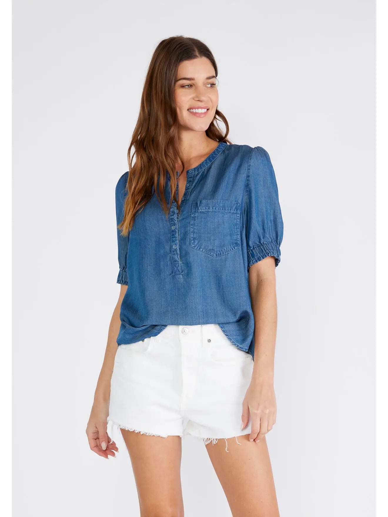 Lovestitch Tencel Puff Sleeve Button Front Blouse