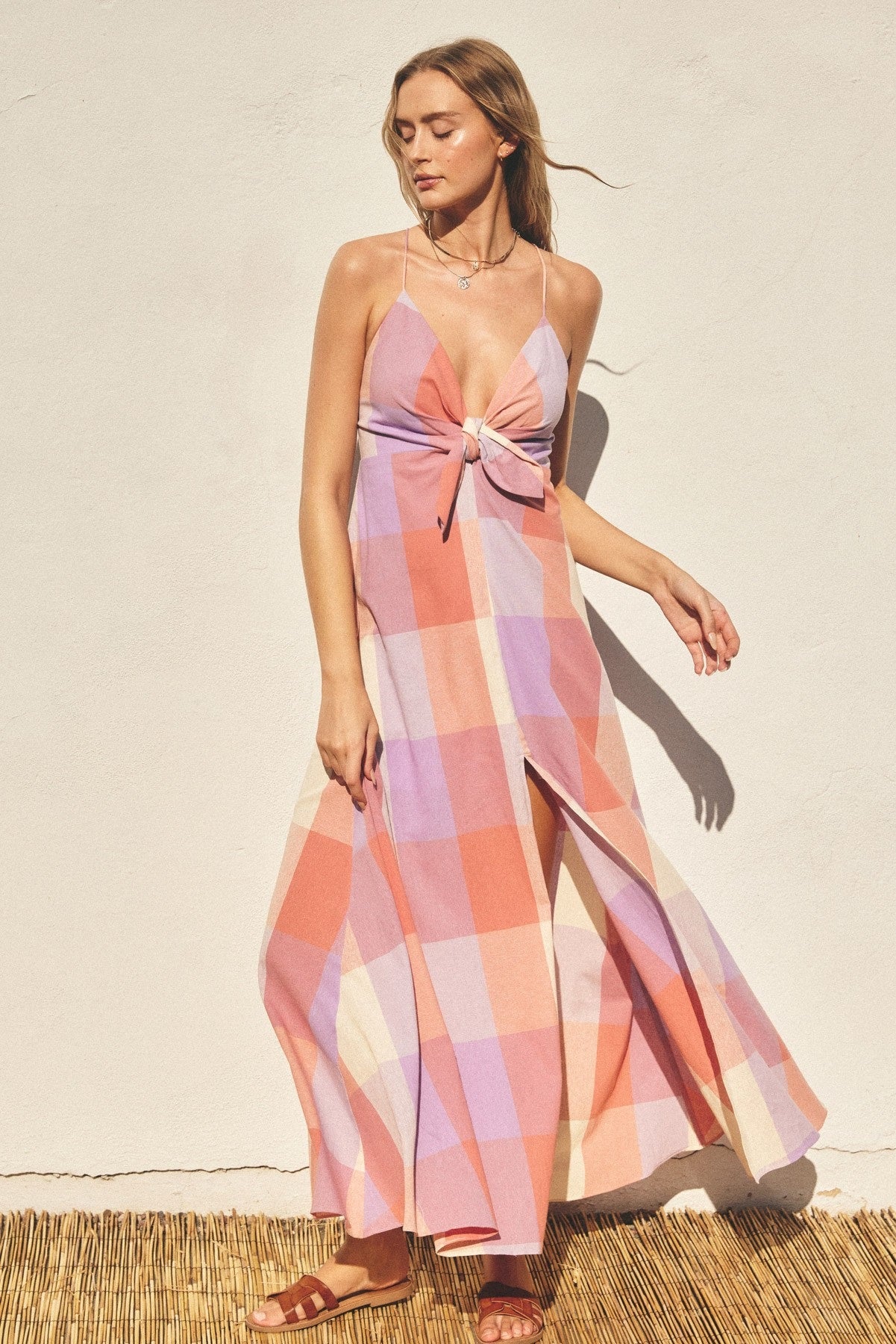 Dress Forum Pastel Checkered Knot Front Maxi Dress