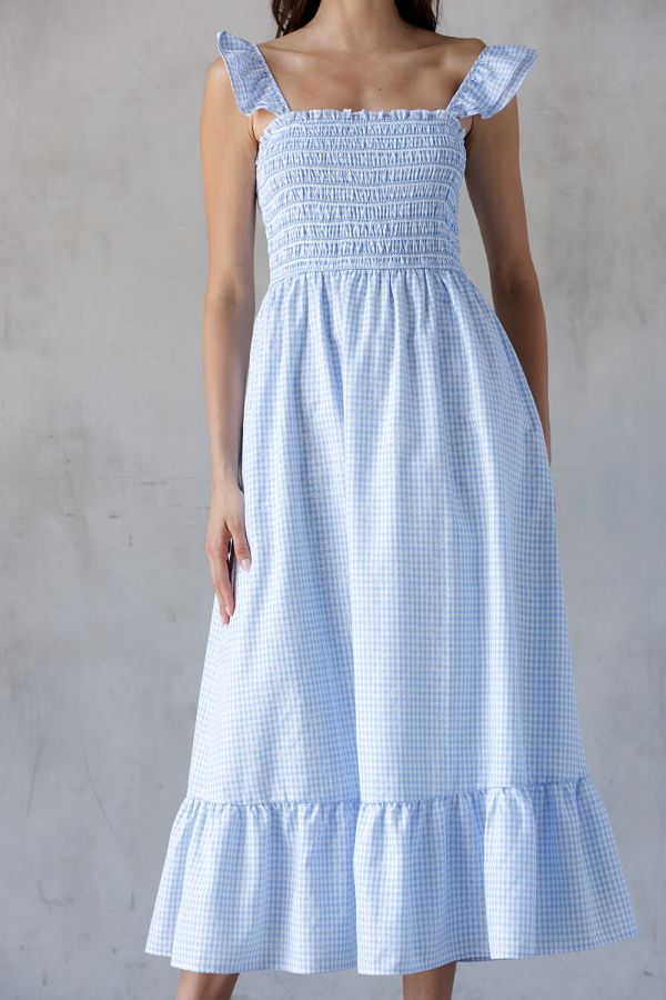 Storia Gingham Smocked Bodice Midi Dress