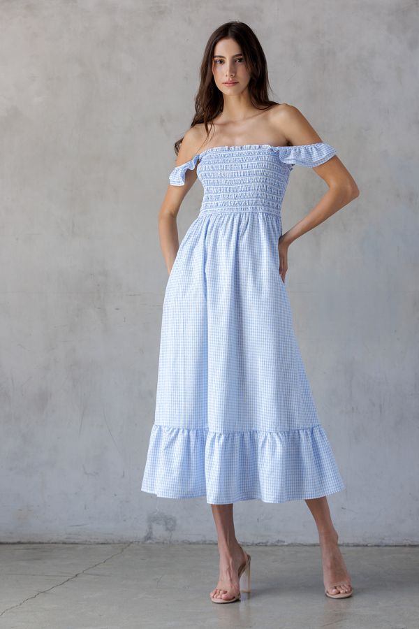 Storia Gingham Smocked Bodice Midi Dress