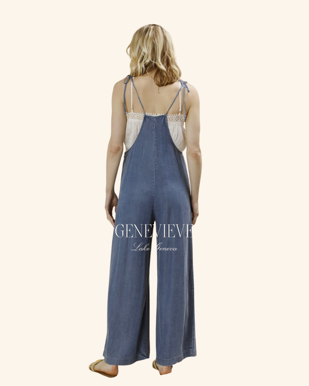 EN CRÈME Tie Shoulder Soft Denim Jumpsuit
